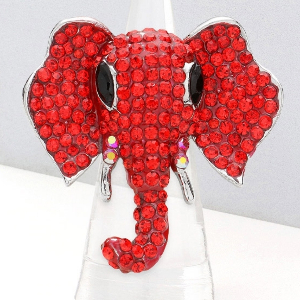 Silver & Red Crystal Elephant Stretch Fashion Ring Rhinestone Finger Adjustable